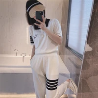 tb college style puppy embroidery hit color four bar polo collar t shirt ice silk knitted short sleeved leggings suit summer