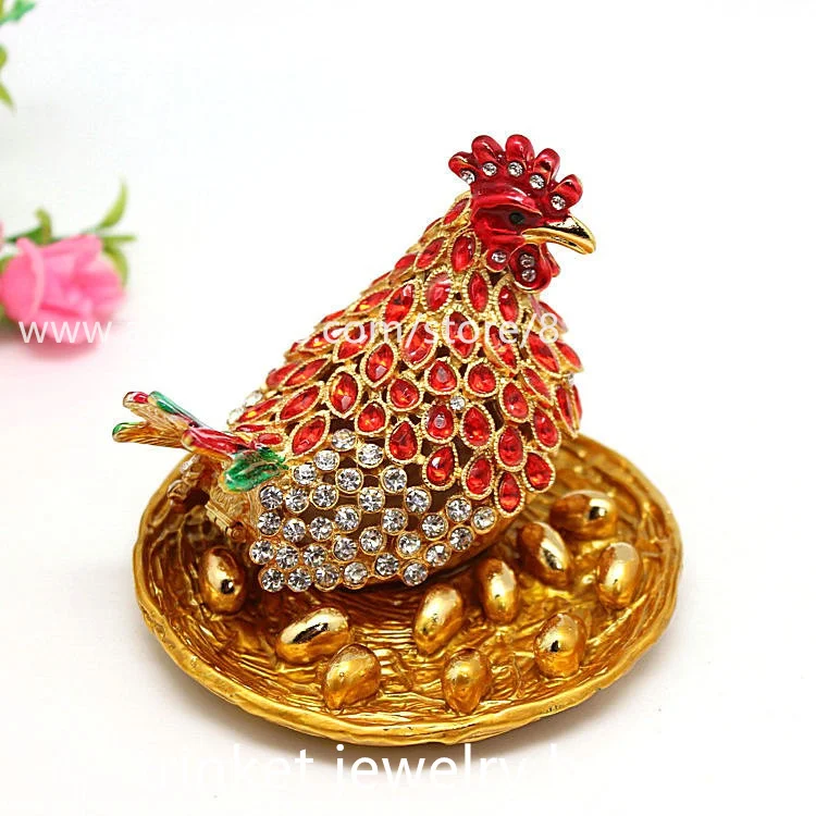 Big Rhinestones Chicken Metal Jewelry Box Chicken with Egg Metal Crafts