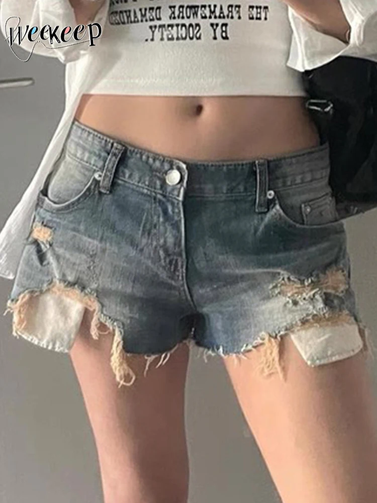 

Weekeep/летние рваные короткие джинсы с низкой посадкой, Лоскутная уличная одежда Y2k, Корейская шикарная Женская одежда, горячие сексуальные шорты для девочек