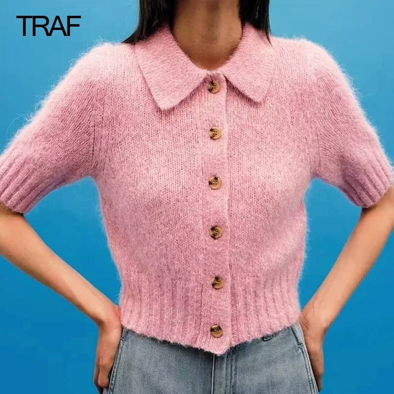 

Женский вязаный кардиган на пуговицах, с коротким рукавом