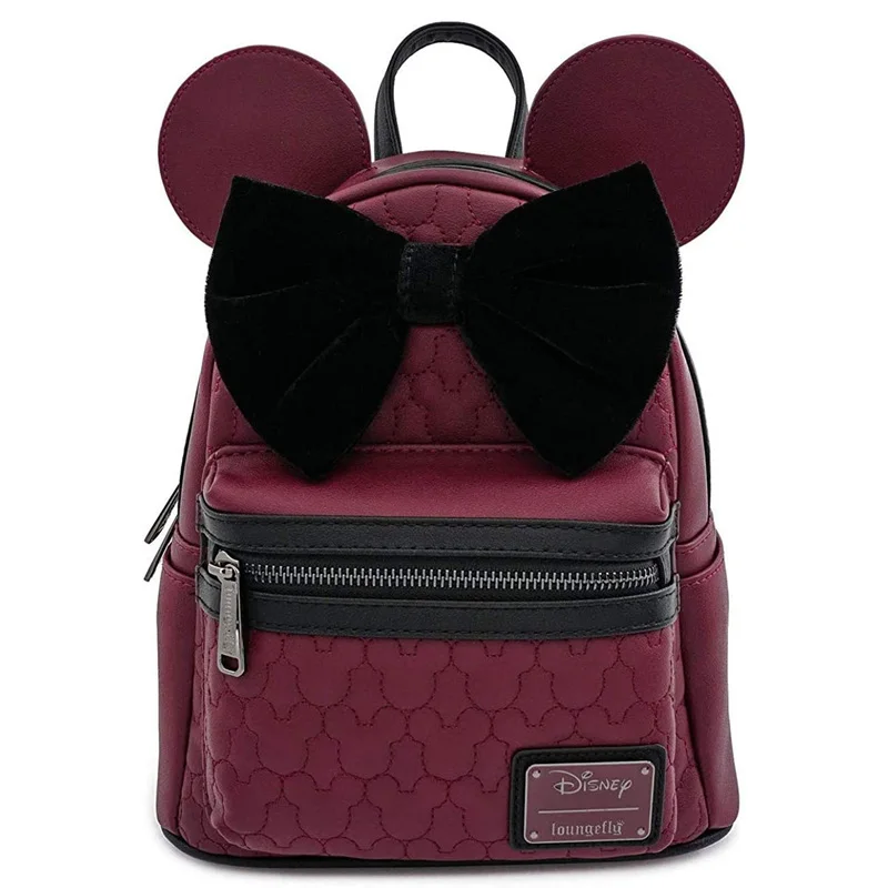 

Disney Minnie Mouse Maroon Quilted Womens Fashion Brand Backpack PU Leather Double Strap Velvet Bow Lady Shoulder Bag Purse