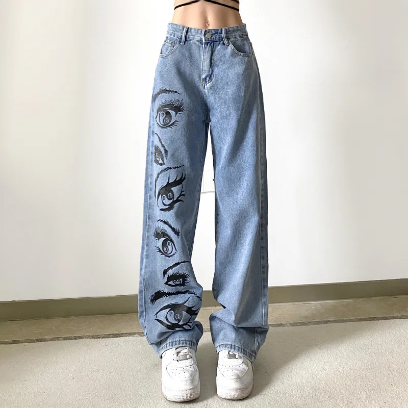 

Повседневные мешковатые женские джинсы Y2K, эстетичные шикарные прямые брюки с принтом глаз, уличная одежда, синие джинсовые брюки с низкой посадкой, женские брюки
