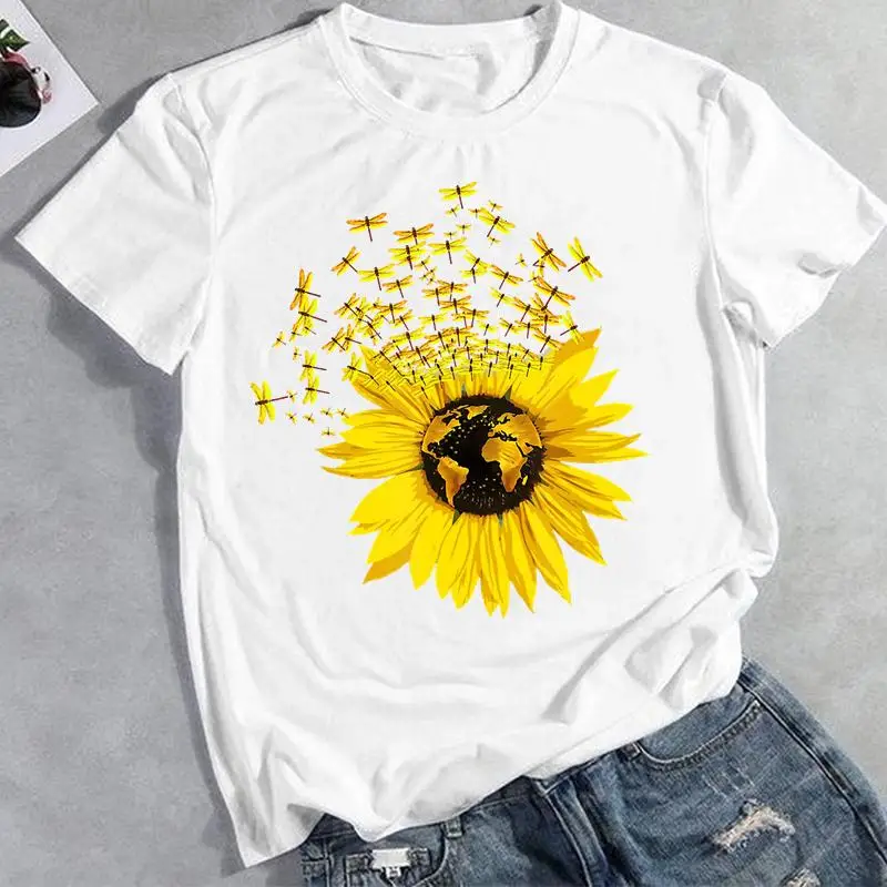 

Футболка женская с коротким рукавом, топ с рисунком стрекозы, цветов, мультяшный рисунок, весна-лето 90-х