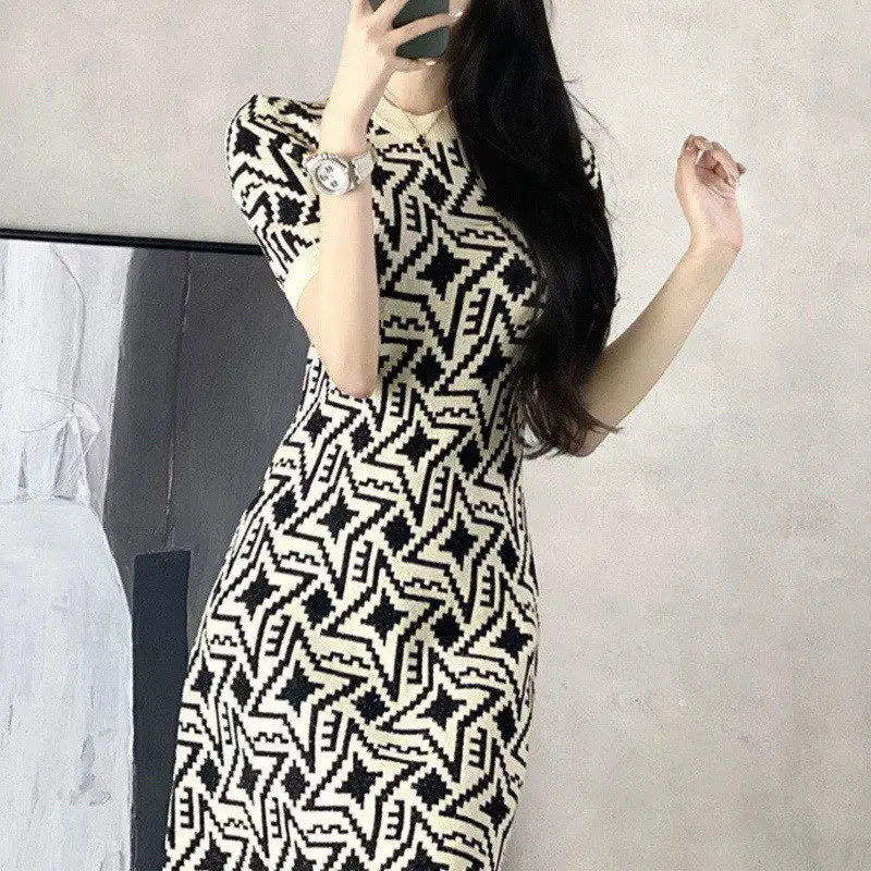 

Vintage Jacquard Knitted Sweater Mini Dress Women's Summer Elegant Fashion Casual Short Sleeve Sweet Chic Slim Dresses Clothing