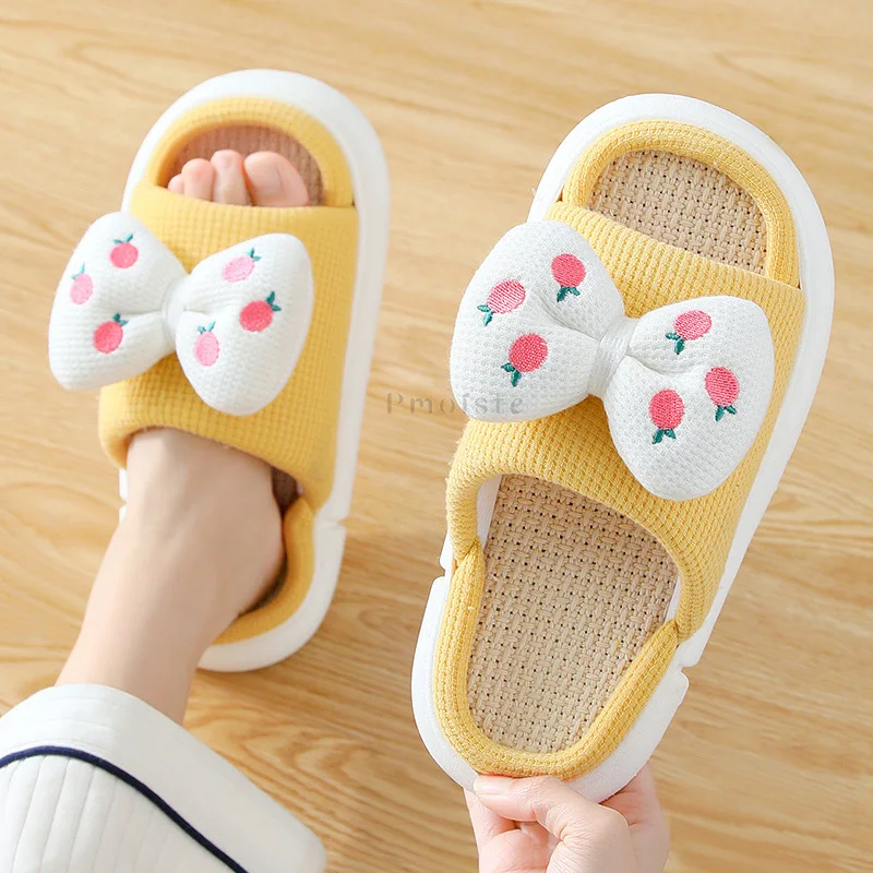 All Season Linen Home Slippers for Women Bedroom Slippers Comfort Cute Butterfly-Knot Non-slip Female House Slippers Unisex
