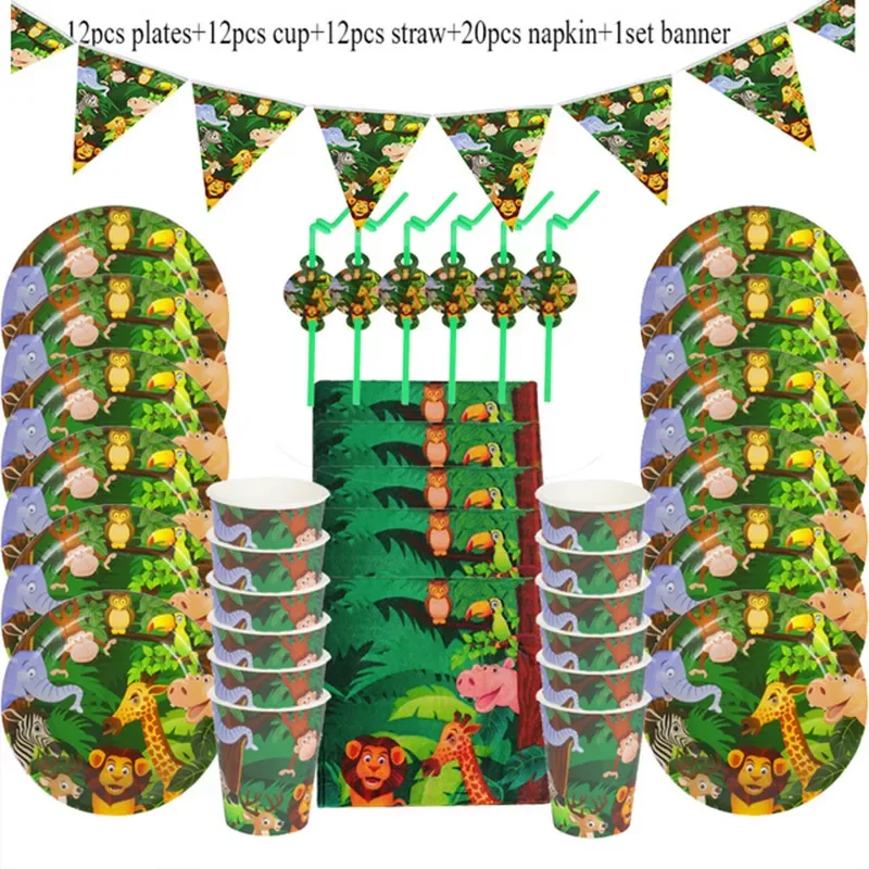 

NEW Jungle Animal Disposable Party Tableware Sets Kids Birthday Safari Party Decor Baby Shower Forest Theme Party Supplies