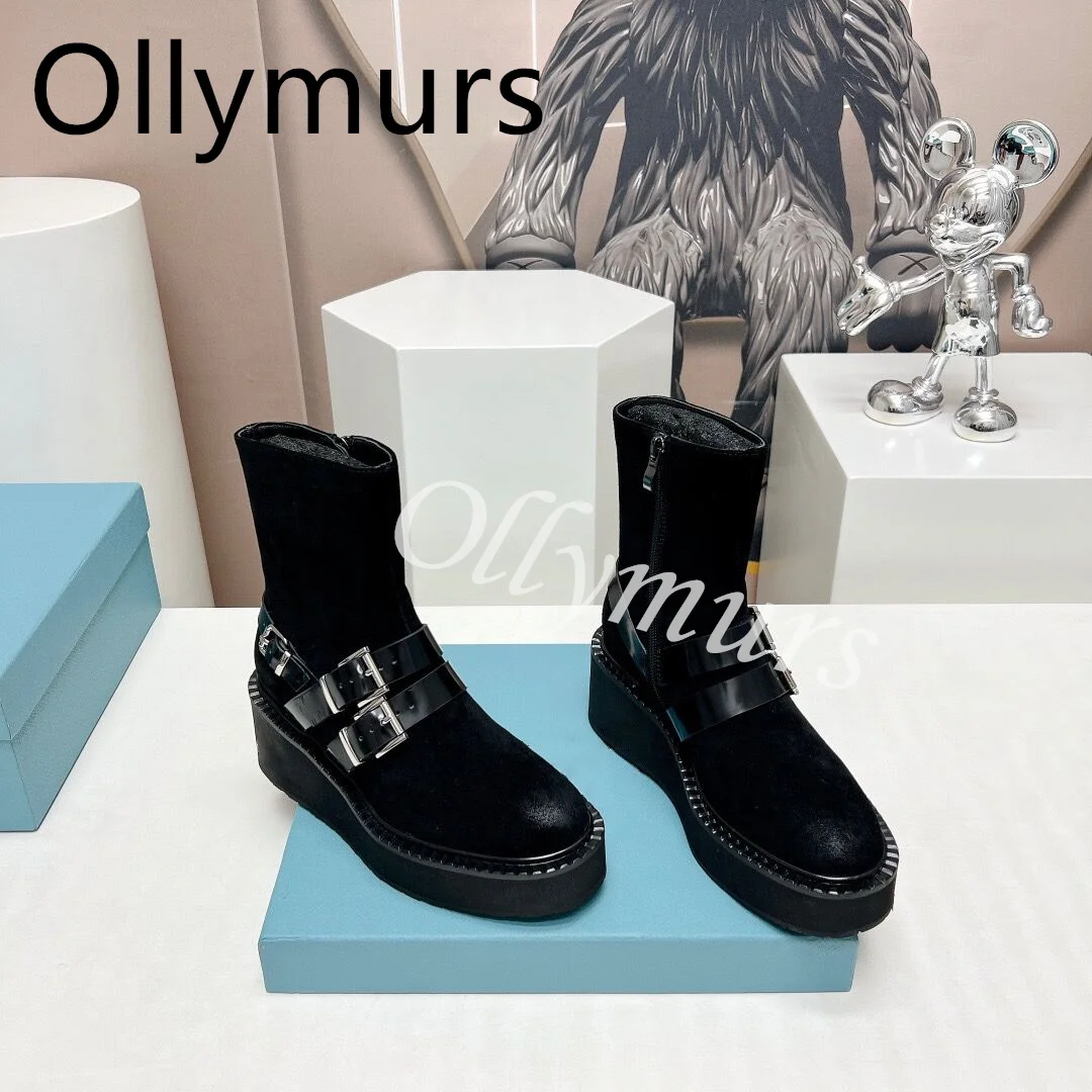 

2023 New Genuine Suede Leather Platform Wedges Boots Metal Chain Ankle Boots Short Boots Shoes Women