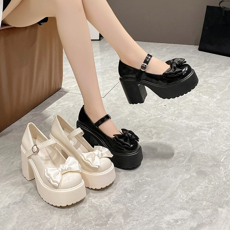 White Platform High Heels Women Mary Jane Chunky Heel Shoes Bows Elegant Woman Heeled Pumps Round Toe Shoes Women's Wedding Shoe