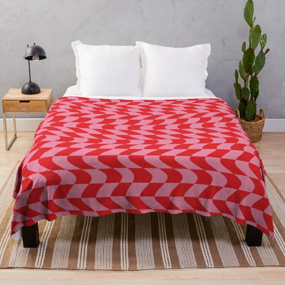 

Pink and Red Distorted Checkerboard Throw Blanket blanket lace Anti-pilling flannel beach blanket