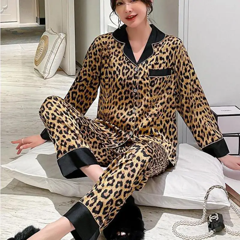 Leopard Lapel Nightwear Summer Women Sleepwear 2PCS Pajamas Suit With Buttons Sexy Loungewear Home Clothes Printed Lingerie