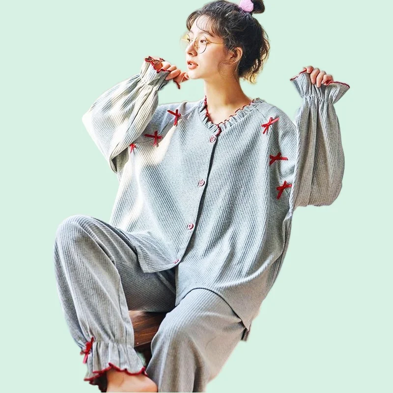 Women's Pajamas Set Sweet Full Sleeve Sexy Bow T-shirt Long Pants Pyjama Spring Homewear Cozy 100% Cotton Sleepwear Korean Style
