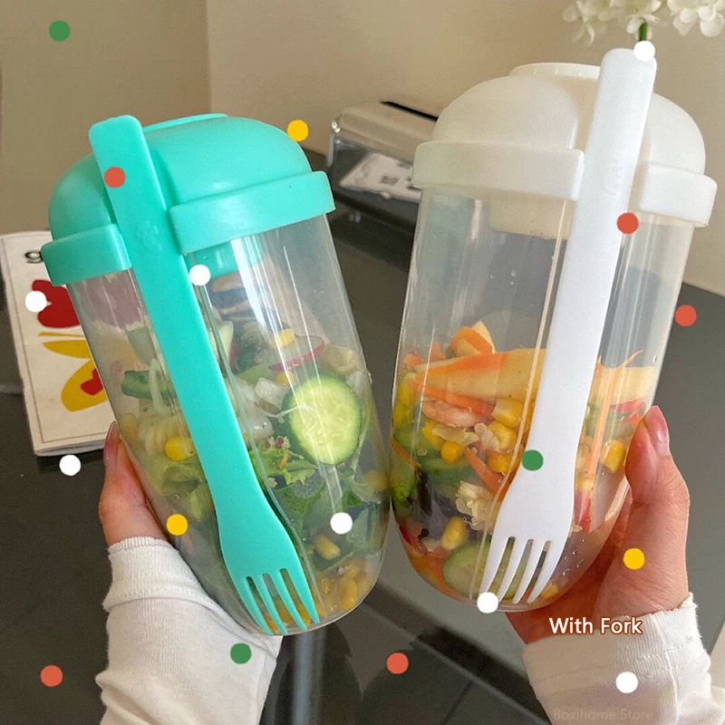 Ins Plastic Salad Cup With Fork Lids Sauce Bottle For Picnic Portable Travel Student Fruit Vegetable Yogurt Milk Breakfast Cups