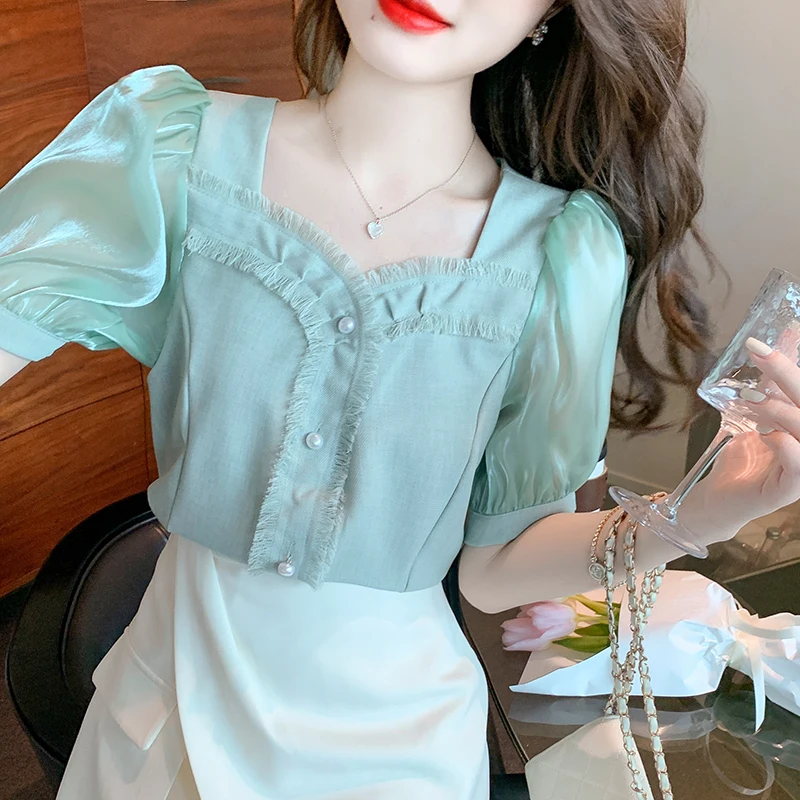 

Chiffon Women's Blouse Ruffles Splicing Slim Fit Shirt Summer Short Sleeve Casual Top Female New 2022 Korean Style Clothing