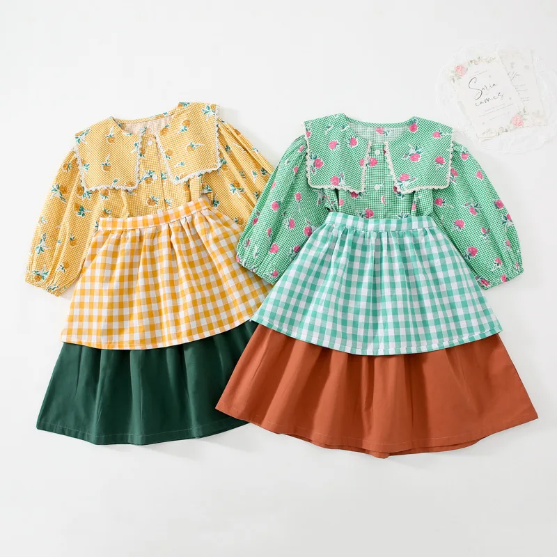 

Spring Flower Girls Dresses Korean Fashion Long Sleeve Princess Dress Floral T-shirt + Dress + Apron 3pcs Sets Costume Vestidos