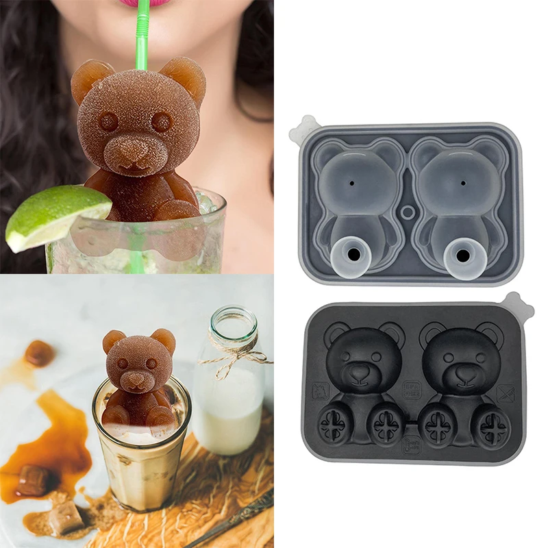 

3d Bear Ice Mold 4grid Large Ice Cube Tray Chocolate Cake Mold Candy Dough Mold Coffee Milk Tea Whiskey Home Kitchen Ice Molds