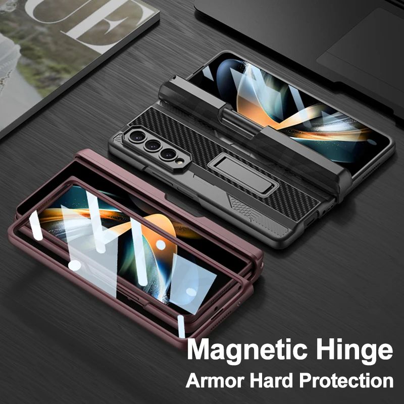 

GKK For Galaxy Z Fold 4 Case Armor Magnetic Pen Slot Hinge Shockproof With Glass Holder ​Cover For Samsung Galaxy Z Fold4 Case