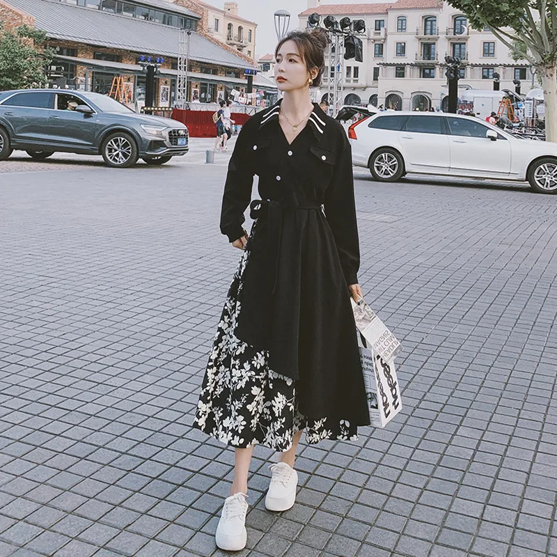

2022 Spring Autumn Woman Dress New Fashion Splicing Design Long Dresses Temperament Popular Waist Slim Black Dress for women