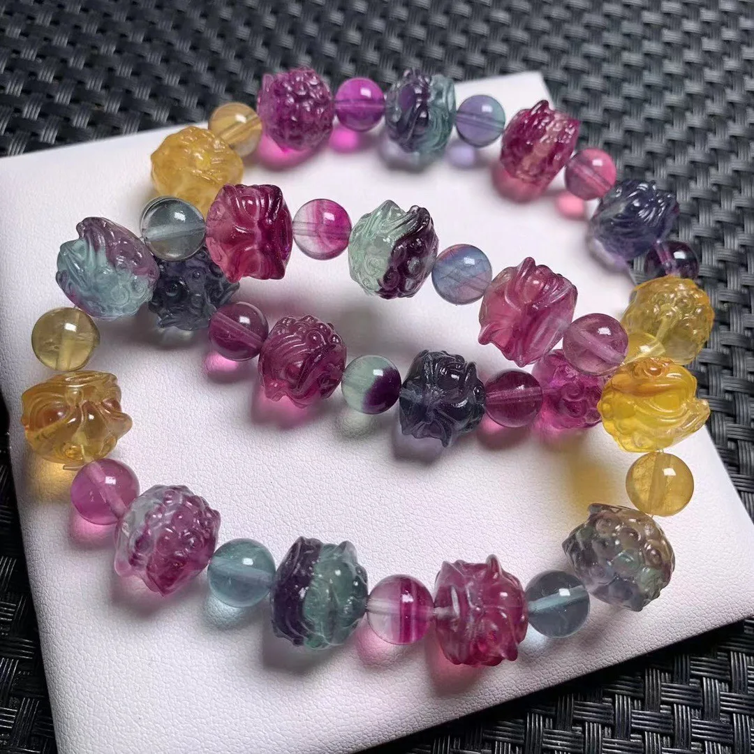 

1 Pc Fengbaowu Natural Rainbow Fluorite Lion Bracelet Crystal Reiki Healing Stone Fashion Jewelry Gift For Women Men