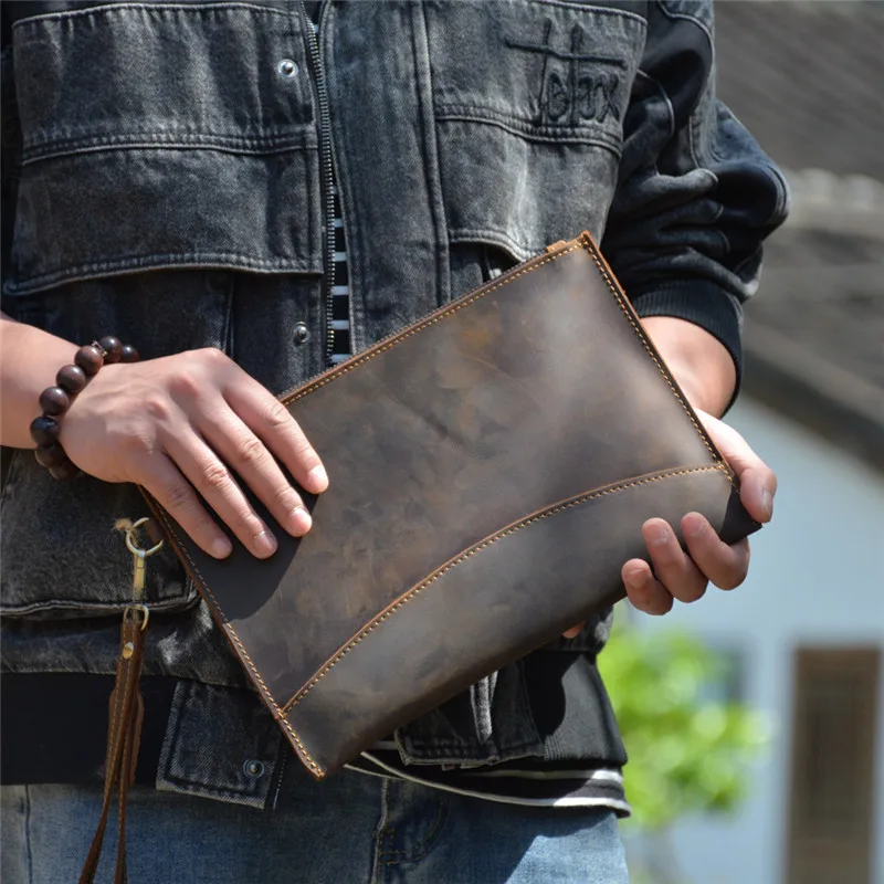 Vintage fashion Crazy horse cowhide man brown handmade holding bag outside leisure work organizer real leather zipper  hand bag