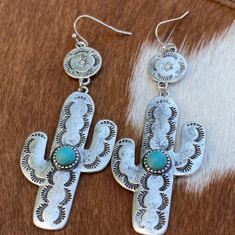 

Ethnic Round Turquoise Boho Earrings for Women Vintage Silver Color Metal Cactus Dangle Earring Jewelry Gift