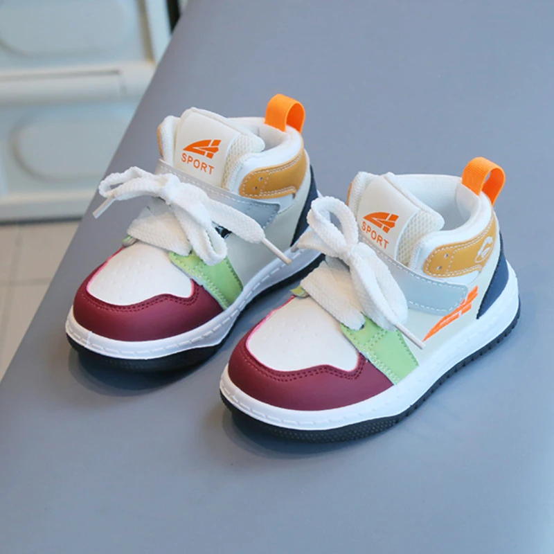 

New Kids Shoes Children's Sneakers Boys Basketball Shoes Leather Student's Casual High Top Girls Sports Tennis Shoes Hook Loop