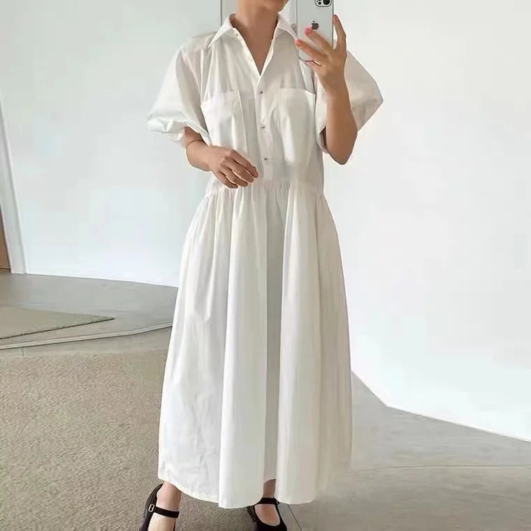 Женское платье-рубашка с коротким рукавом-фонариком и отложным воротником