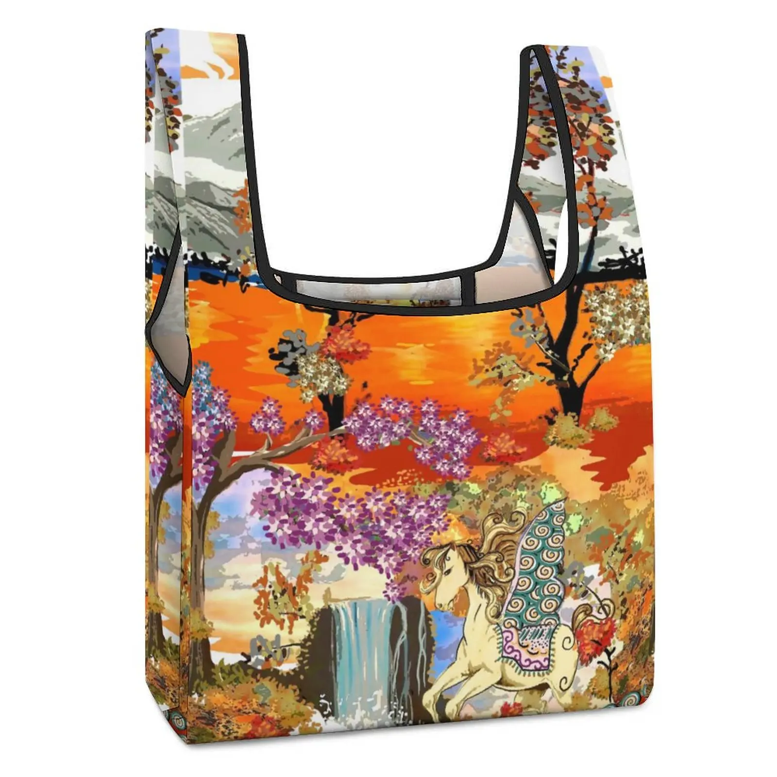 Customized Printed Collapsible Shopping Bag Double Strap Handbag Colored Printing Tote Casual Woman Grocery Bag Custom Pattern