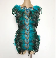 female singer stage nightclub bar sexy feather one piece shoulder pad peacock hair performance clothes hollow out