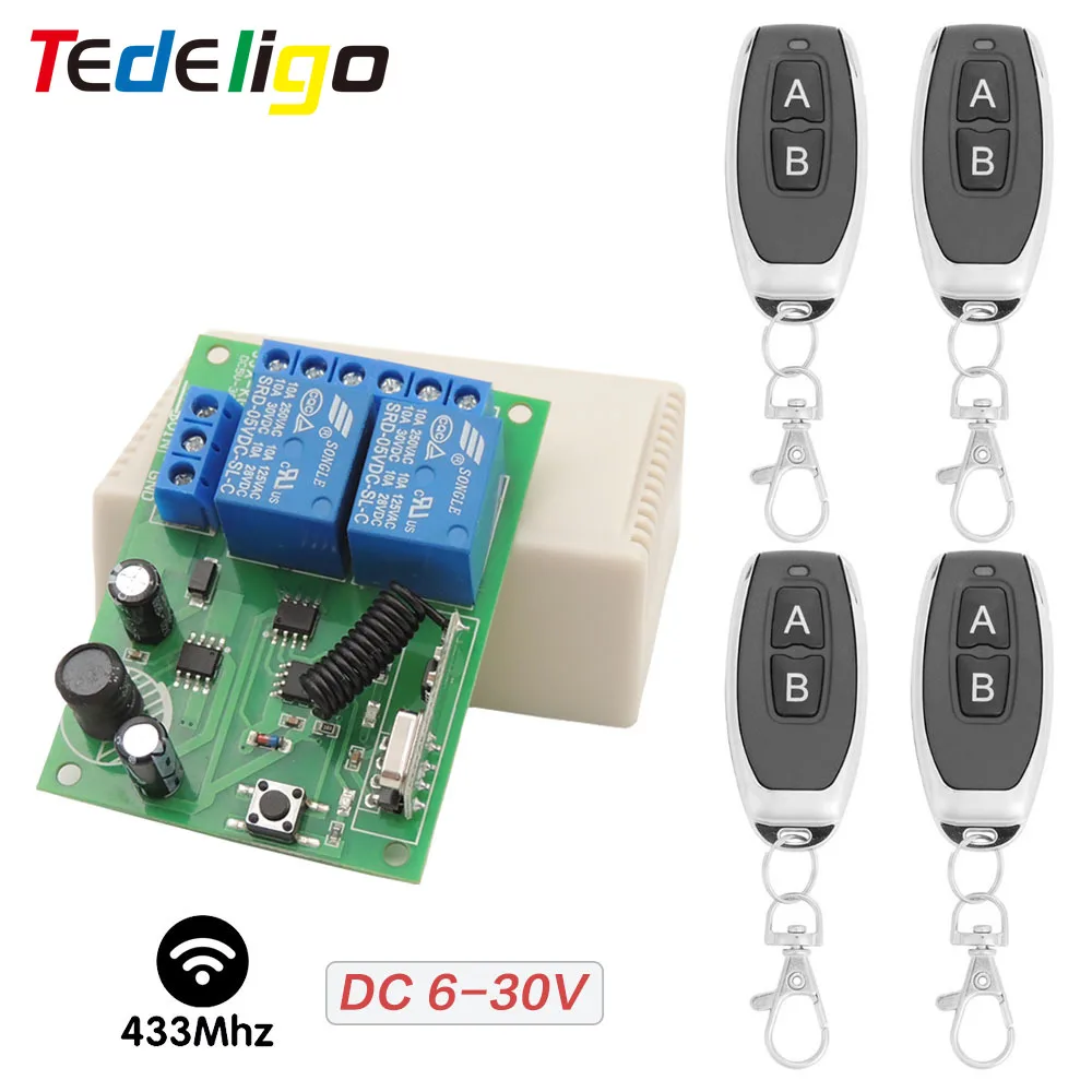 

Tedeligo 433MHz Wireless Remote Control Switch DC 6V 12V 24V 2ch Relay Receiver Garage Door Controller for Gate/Motor/Light/LED