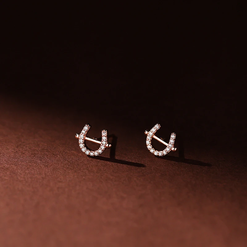 

925 Sterling Silver Cute Pavé Zircon Horseshoe U-shaped Stud Earrings for Women Light Luxury Wedding Party Ear Jewelry Gifts