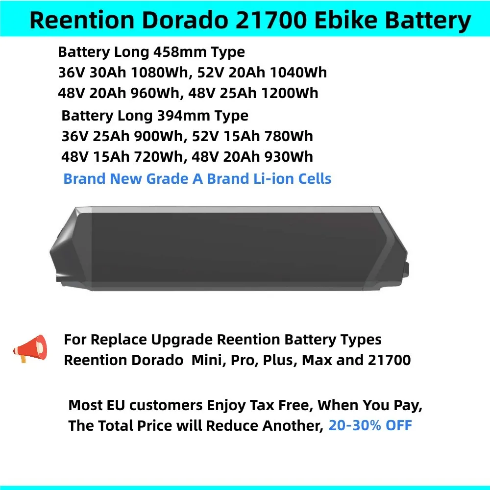 

52V 20A 48V 20Ah 25Ah Reention Dorado Ebike Battery Upgrade for Ariel Rider X Class X-Class 52V Step-Thru Bakcou E-bike Battery