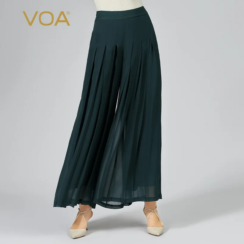 

VOA Georgette Mulberry Silk Green Pantskirt Tuck Pleated Culottes Refreshing Breathable Silk Divided Skirt Wide-leg Pants KE685