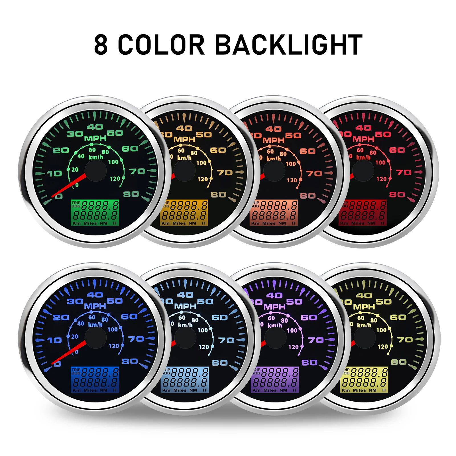 

Universal 85mm Auto Marine Boat MPH GPS Speedometer Odometer 80MPH 120km/h Speed Gauge With 7 colors Backlight Waterproof 9-32V