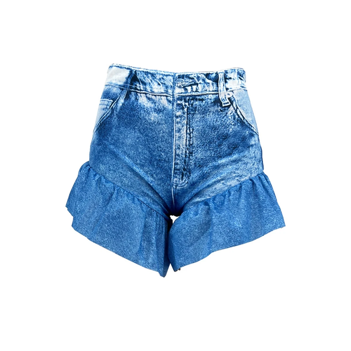 Wishyear Summer Fashion Casual High Waist Elastic Faux Denim Printed Ruffles Shorts Women Button Short Pants Trousers Streetwear