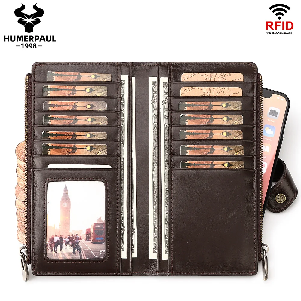 

RFID Bifold Organizer Credit Card Holder Wallet Bussiness Genuine Leather Large Capacity Male Clutch Cell Phone Pocket Carteras