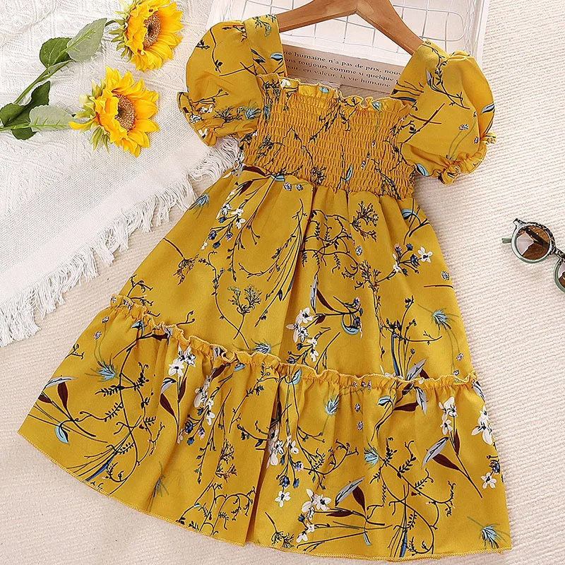 

Summer 2023 New Arrivals Girls Short Sleeve O Neck Ruched Floral Yellow Dress Infantil Menina Cute Party Dress Custume 4-7T