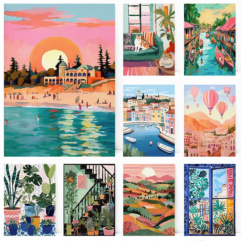 Красочный акварель Туризм пейзаж город пляж растение воздушный шар плакат