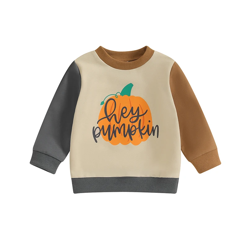

Toddler Boy Girl Halloween Sweatshirt Long Sleeve Round Neck Pumpkin Letter Print Pullover Contrast Color Loose Tops