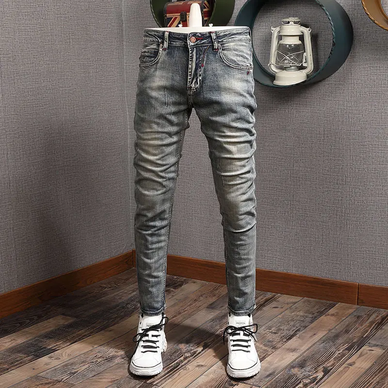 Fashion Trendy Men Jeans Retro Washed Gray Blue Elastic Stretch Slim Ripped Jeans Men Embroidery Designer Vintage Denim Pants