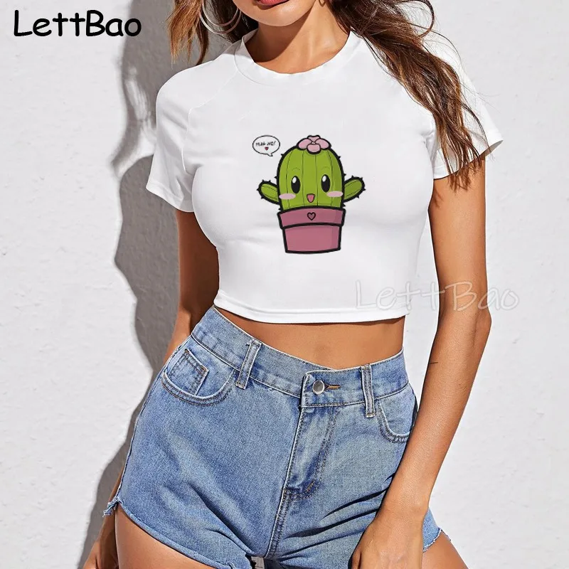 Женский короткий топ с круглым вырезом и коротким рукавом |