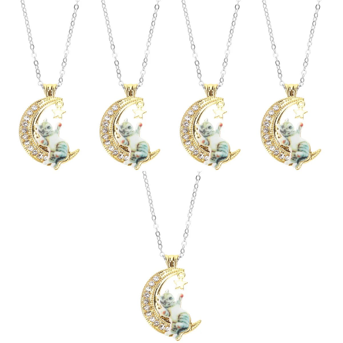 

5pcs Exquisite Rhinestone Necklace Vintage Moon Cat Pendant Jewelry Women Necklace