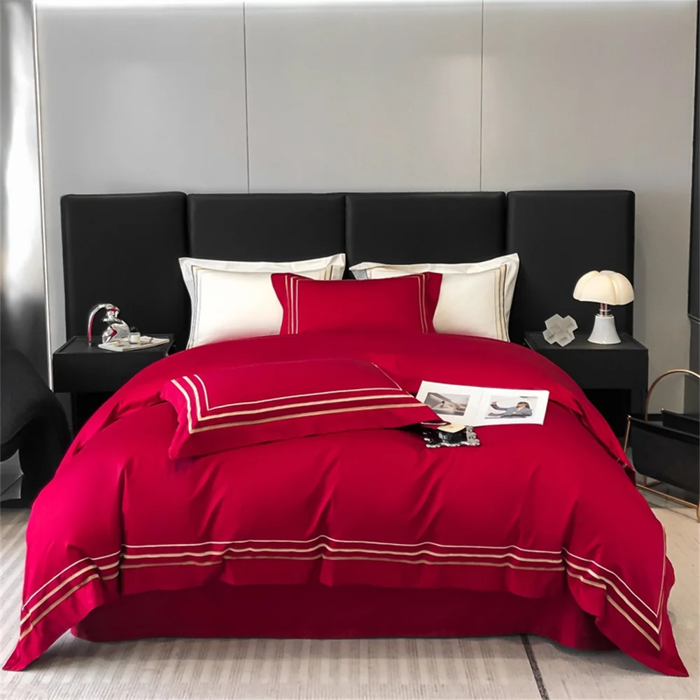 

Papa&Mima Bright Red Lines European Style Embroidery 600TC Bedding Egyptian Cotton Duvet Cover Set Queen King Size Bedlinens