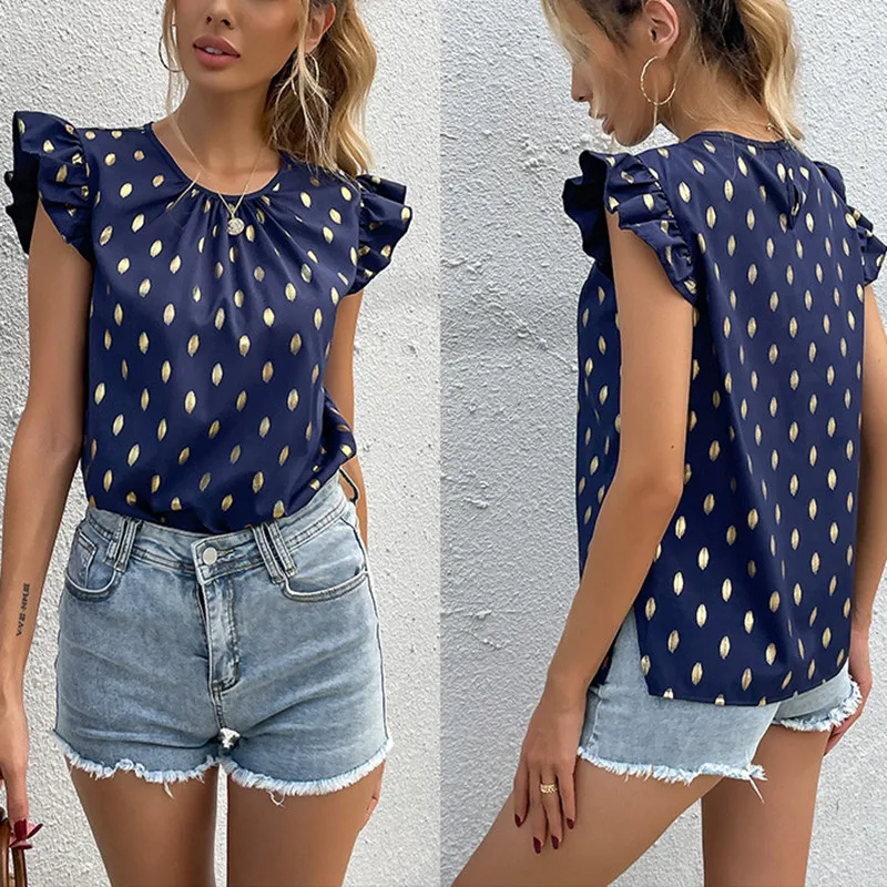 Women's 2022 Summer New Short Sleeve Ruffled O Neck Pleated Polka Dot Blue Shirt Blouses For Ladies Fashion  Tops