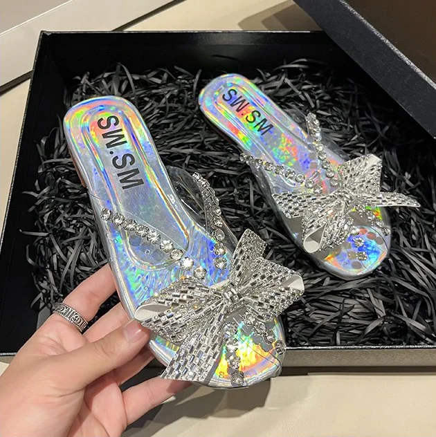 

Summer Chausson Femme Women Sandals Shoes2022 Peal Bow Slippers Slides Open Toe Chunky Heel Sweet Sandals Zapatos Para Mujer