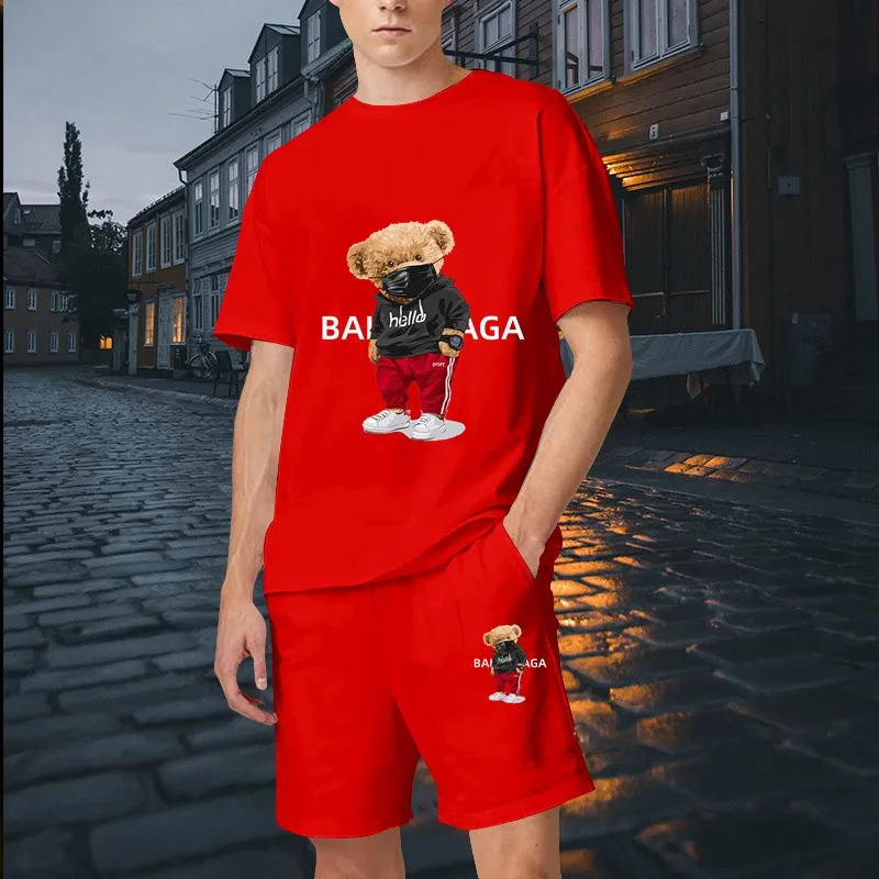 Summer  Luxury Brand Man Sets Tracksuit 2 Piece Sets Pure Cotton T-shirt Painted Graffiti Bear Mens Clothing Fashion Sportswear