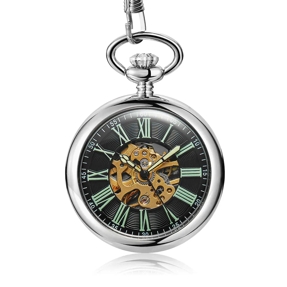 Vintage Silver Watch Necklace Steampunk Skeleton Mechanical Pocket Watch Clock Hand-winding Men Women Chain Gift Relgio de bolso
