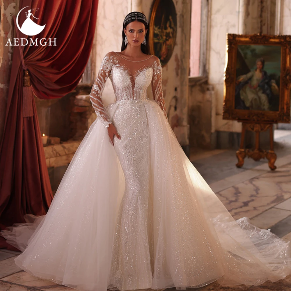 Фото Aedmgh Русалка Свадебные платья с круглым вырезом и длинными рукавами Vestido De Novia Кружевная вышивка со съемным шлейфом Сексуальное свадебное платье на заказ №1