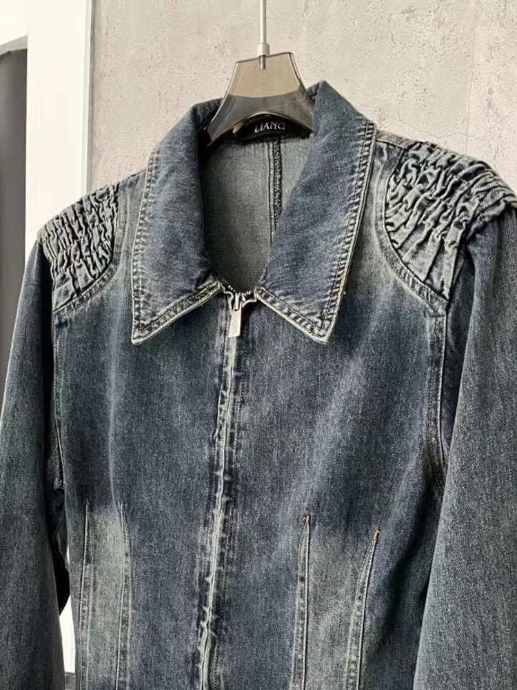 Женская джинсовая рубашка на молнии DEAT синяя облегающая плиссированная блузка