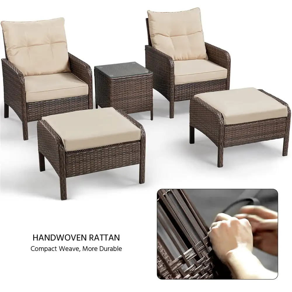 

Smile Mart 5-Piece Outdoor Rattan Patio Set with End Table, Brown with Beige Cushions