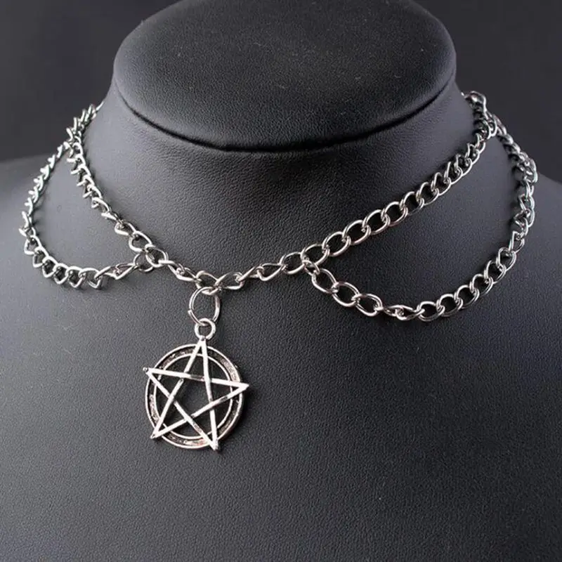 Multilayer Chain Choker Goth Gothic Supernatural Pentagram Witchcraft Necklace Pendant Women Arrow Triangle Knot Skull  Jewelry